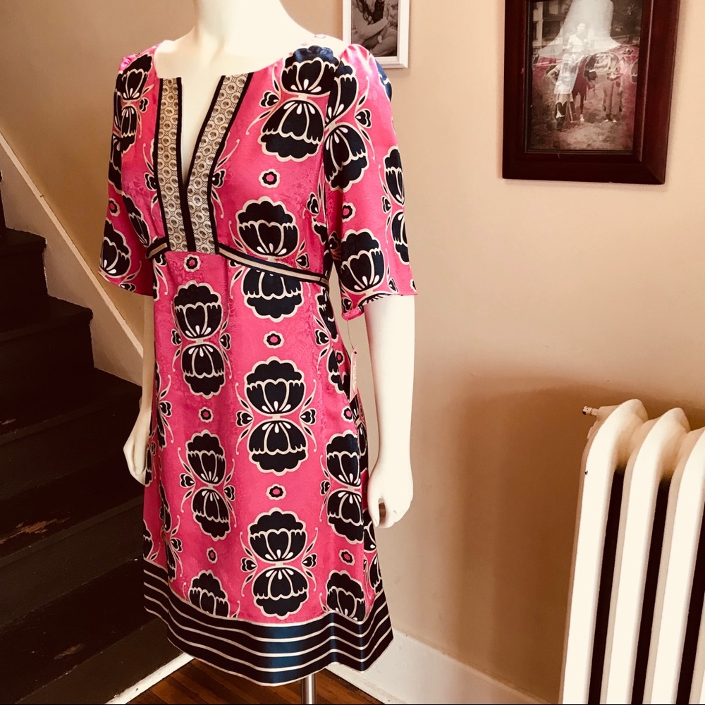 Phoebe Couture Pink Black Floral Print Midi Dress
